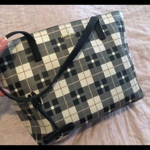EUC Kate Spade Small Tote Purse Black Cream Plaid